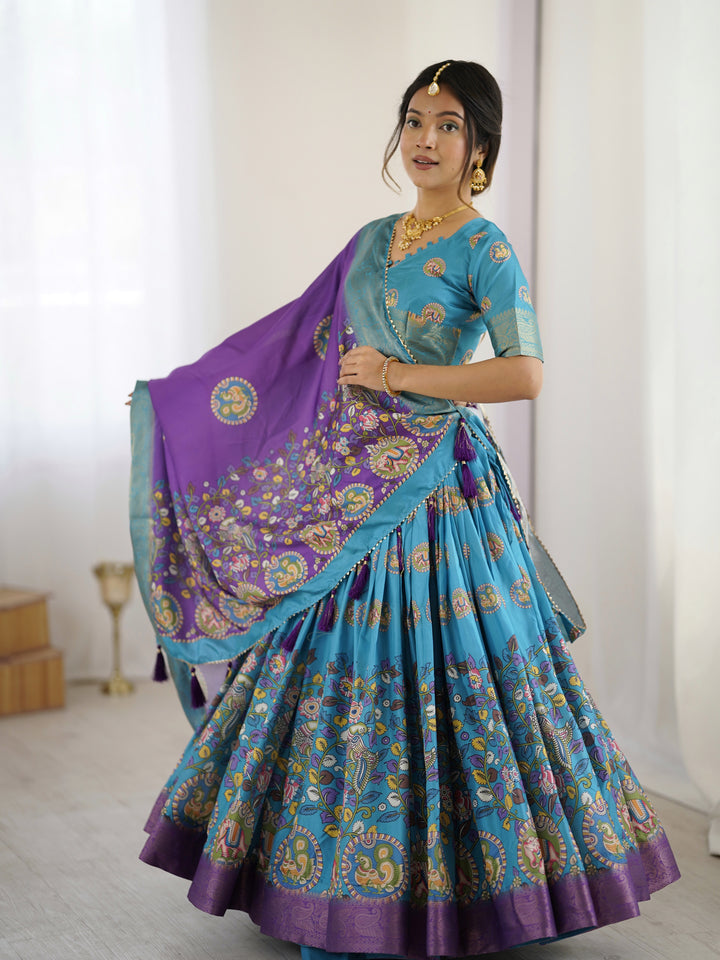 Turquoise Blue & Purple Kalamkari Tussar Silk Lehenga with Zari Border & Tassel Dupatta – Wedding & Festive Wear