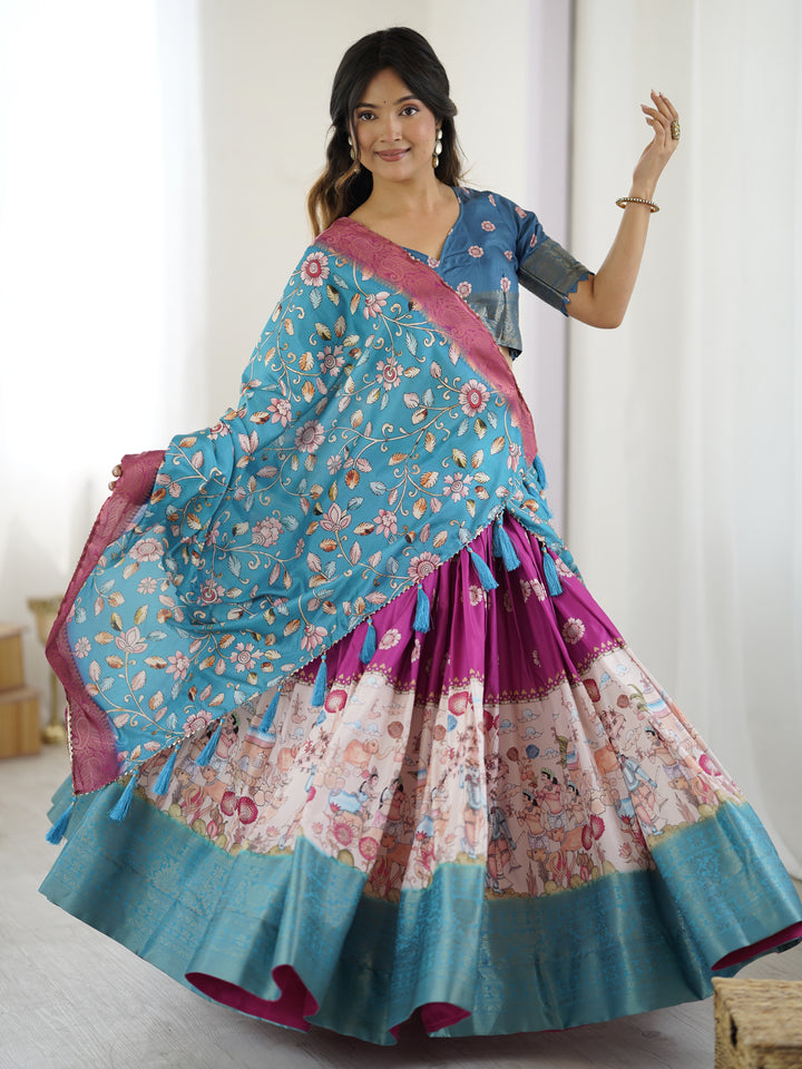 Peacock Blue Kalamkari Lehenga with Divine Print and Floral Embroidered Dupatta
