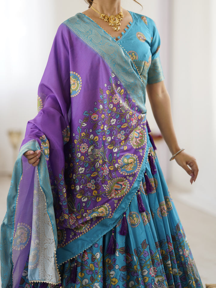 Turquoise Blue & Purple Kalamkari Tussar Silk Lehenga with Zari Border & Tassel Dupatta – Wedding & Festive Wear