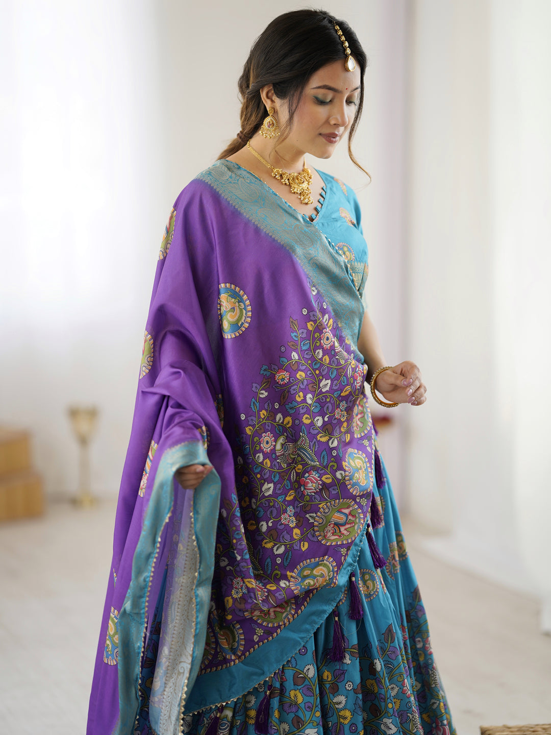 Turquoise Blue & Purple Kalamkari Tussar Silk Lehenga with Zari Border & Tassel Dupatta – Wedding & Festive Wear