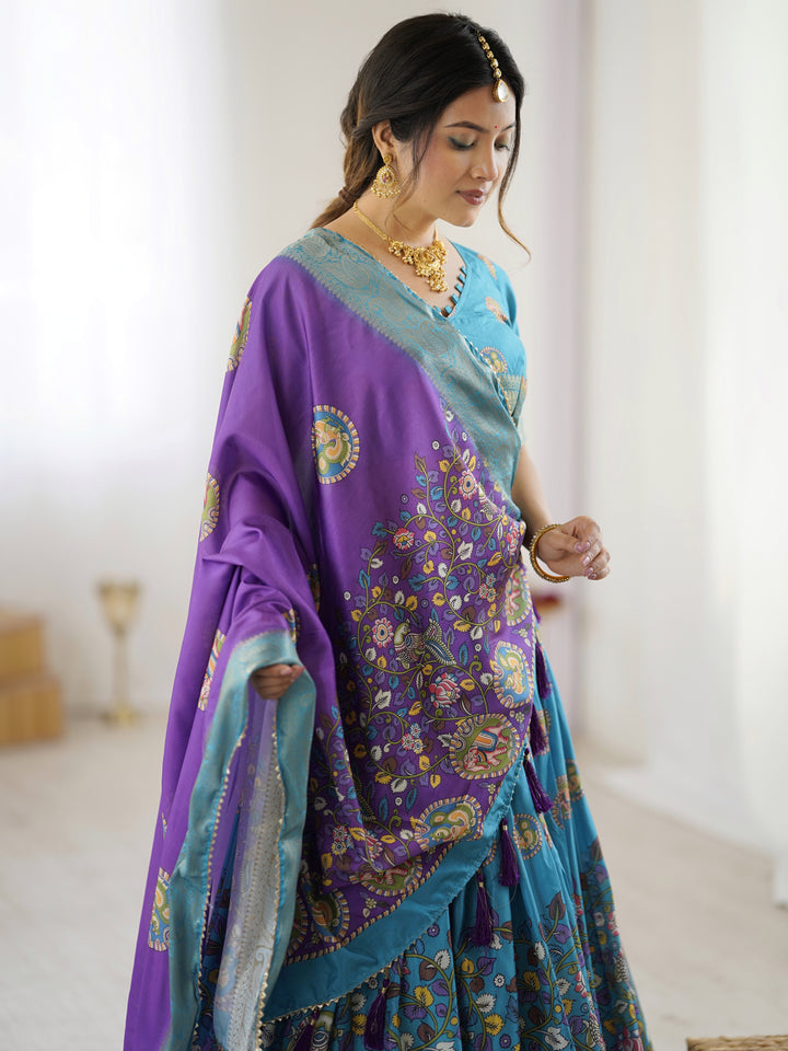 Turquoise Blue & Purple Kalamkari Tussar Silk Lehenga with Zari Border & Tassel Dupatta – Wedding & Festive Wear