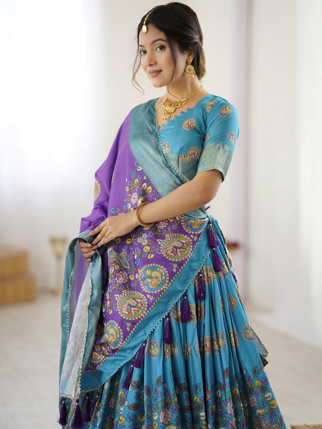 Turquoise Blue & Purple Kalamkari Tussar Silk Lehenga with Zari Border & Tassel Dupatta – Wedding & Festive Wear