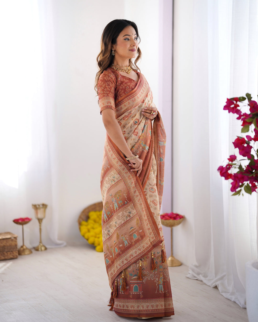 Ivory Handloom Cotton Saree with Maroon Borders, Floral Print & Royal Procession Pallu