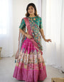 Elegant Kalamkari Lehenga in Fuchsia Pink and Green with Floral Dupatta and Story Print Skirt