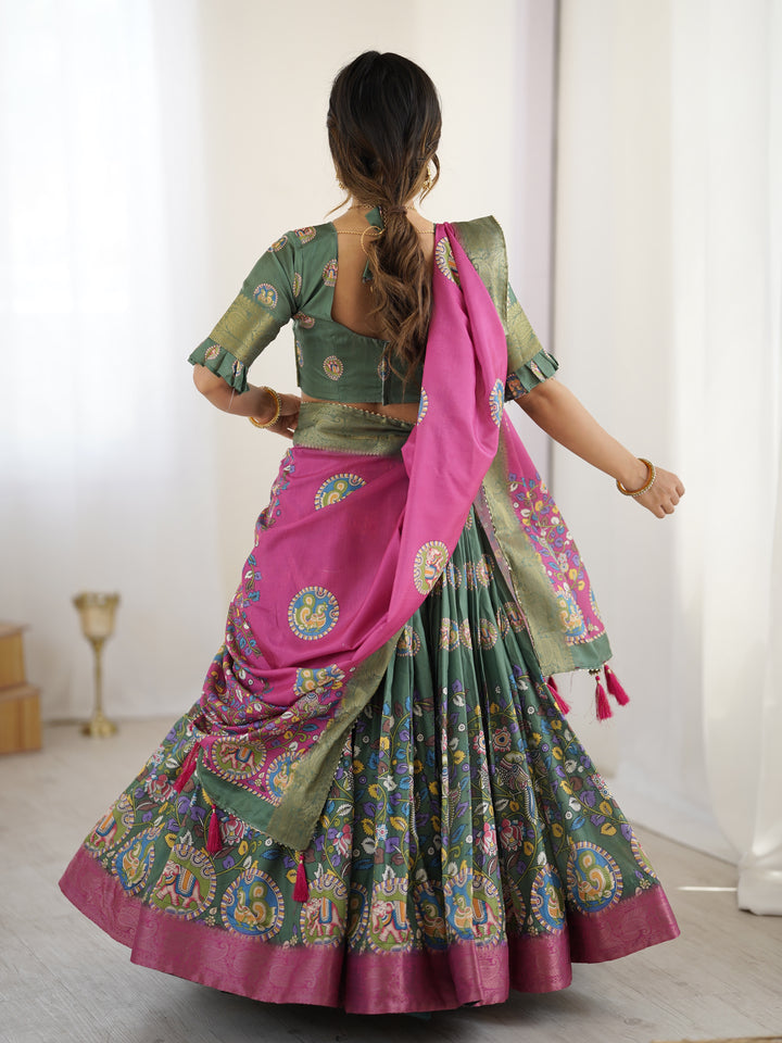 Green & Pink Kalamkari Tussar Silk Lehenga with Zari Border & Tassel Dupatta – Festive & Wedding Wear