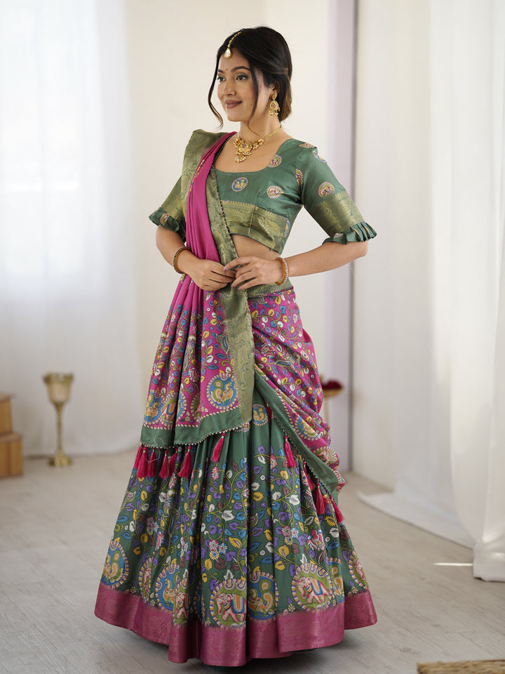 Green & Pink Kalamkari Tussar Silk Lehenga with Zari Border & Tassel Dupatta – Festive & Wedding Wear