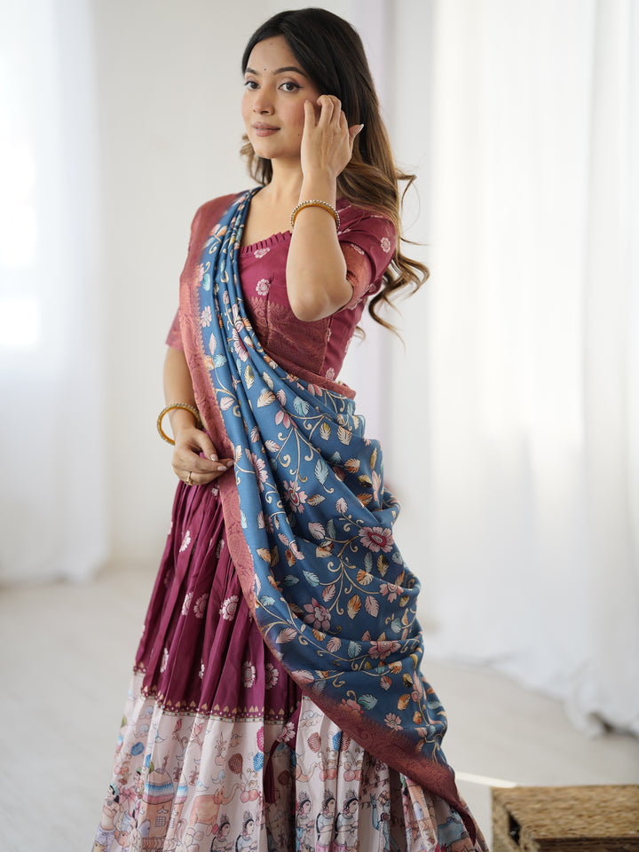 Wine Maroon Kalamkari Lehenga with Blue Floral Dupatta