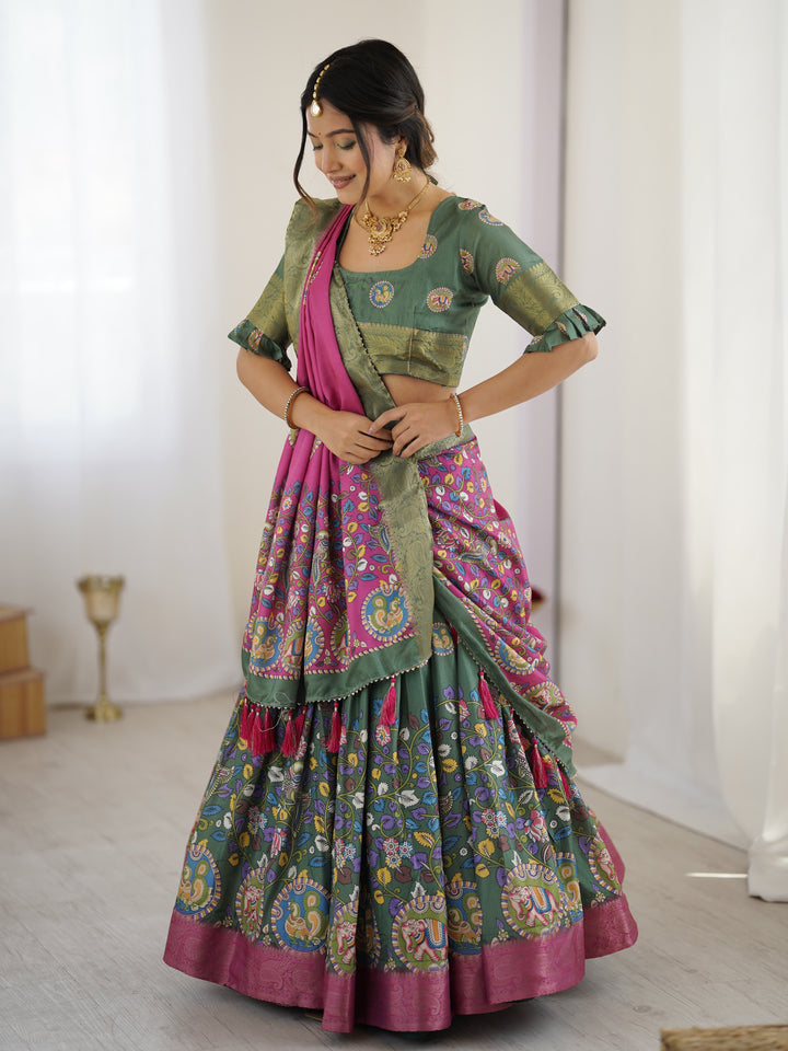 Green & Pink Kalamkari Tussar Silk Lehenga with Zari Border & Tassel Dupatta – Festive & Wedding Wear