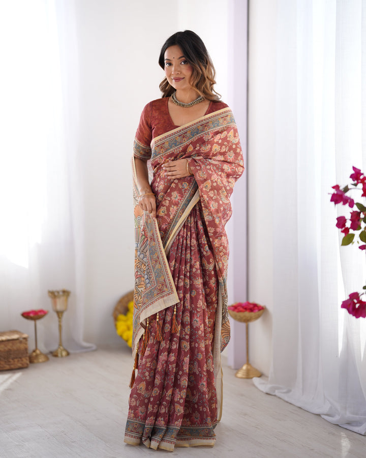 Rust Maroon Handloom Cotton Saree with Floral Jaal & Multicolor Mandala Pallu Art