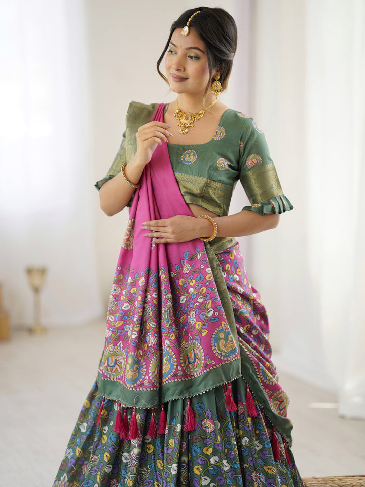 Green & Pink Kalamkari Tussar Silk Lehenga with Zari Border & Tassel Dupatta – Festive & Wedding Wear