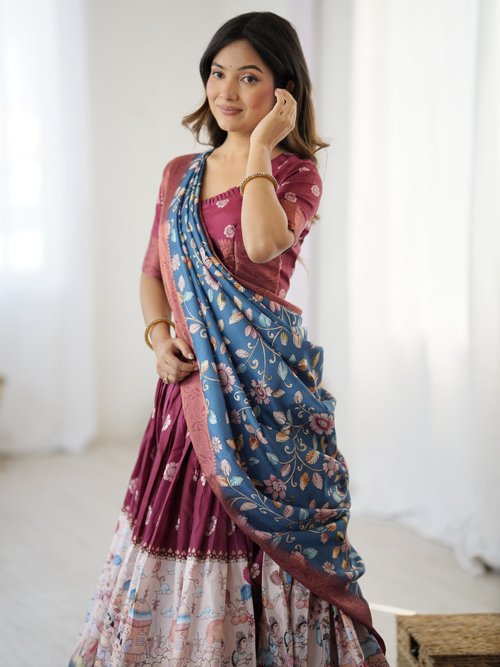 Wine Maroon Kalamkari Lehenga with Blue Floral Dupatta