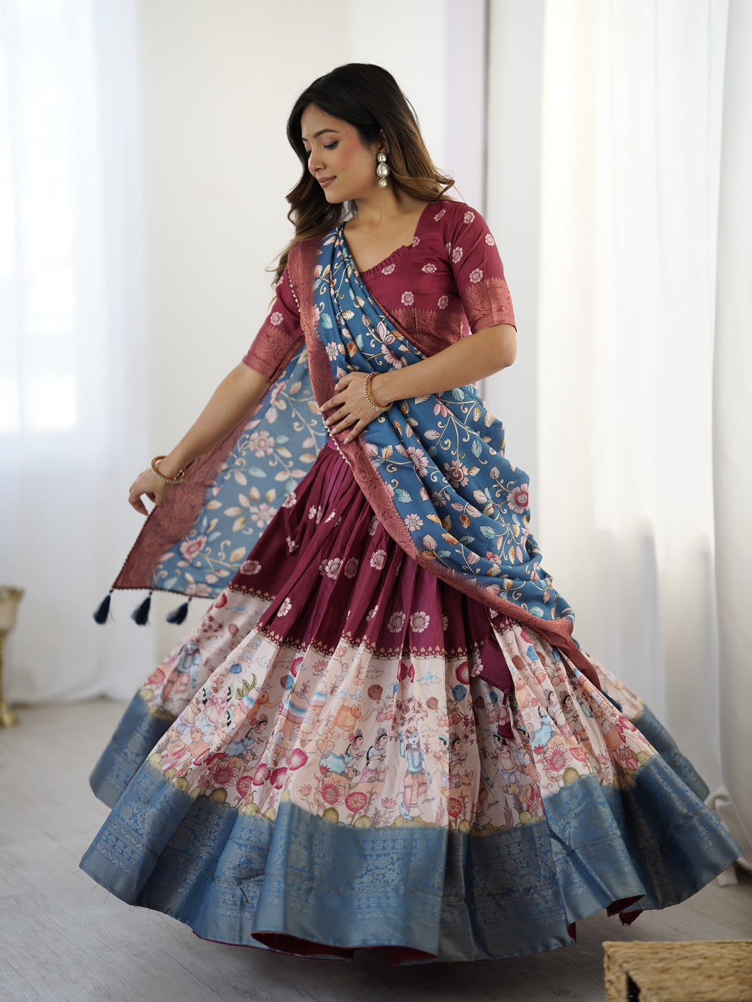 Wine Maroon Kalamkari Lehenga with Blue Floral Dupatta