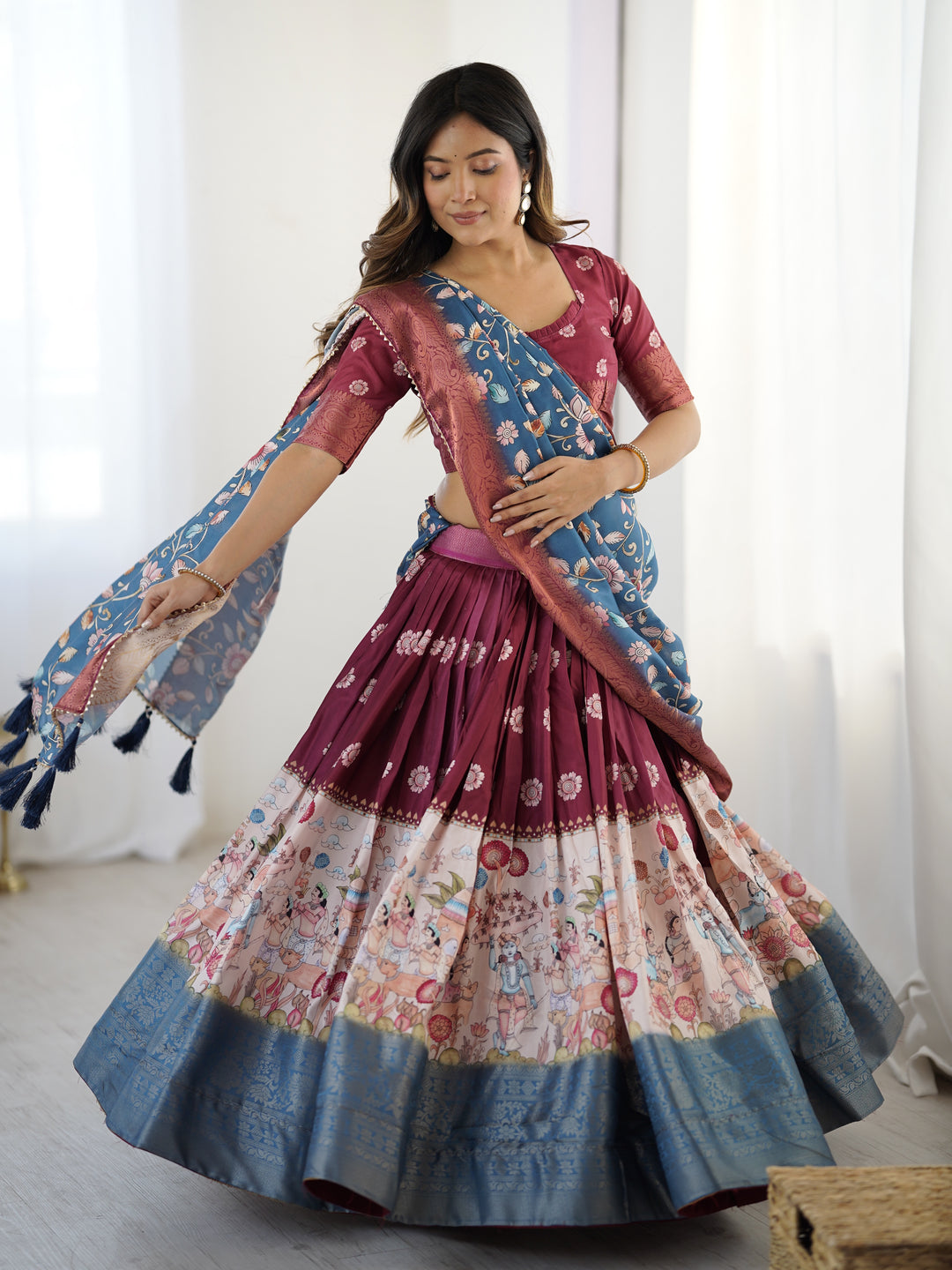 Wine Maroon Kalamkari Lehenga with Blue Floral Dupatta