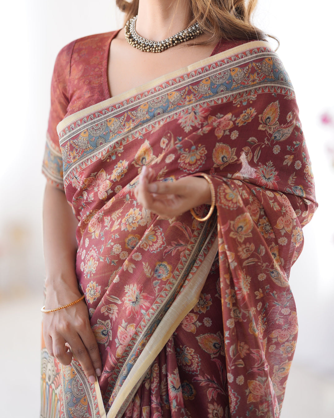 Rust Maroon Handloom Cotton Saree with Floral Jaal & Multicolor Mandala Pallu Art