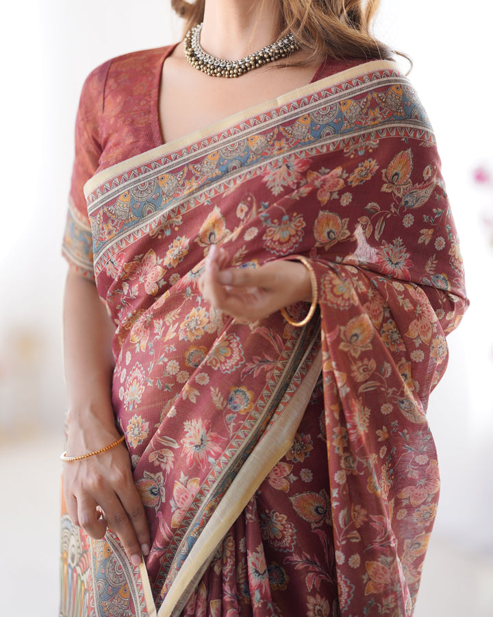 Rust Maroon Handloom Cotton Saree with Floral Jaal & Multicolor Mandala Pallu Art