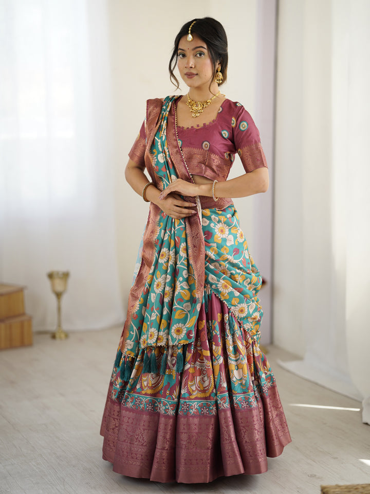 Wine & Turquoise Kalamkari Tussar Silk Lehenga with Floral Motifs, Zari Border & Tassel Dupatta – Wedding & Festive Wear