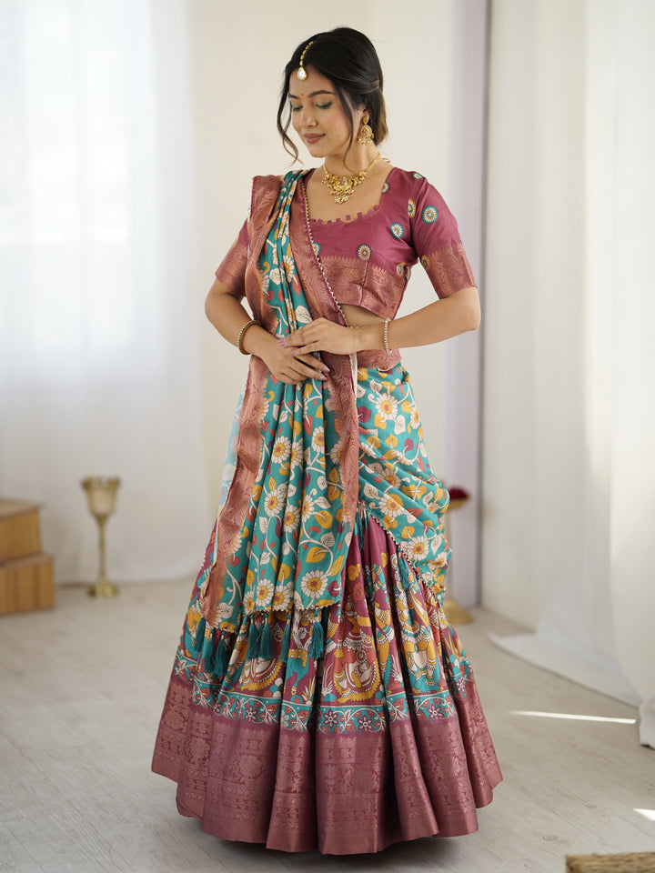 Wine & Turquoise Kalamkari Tussar Silk Lehenga with Floral Motifs, Zari Border & Tassel Dupatta – Wedding & Festive Wear