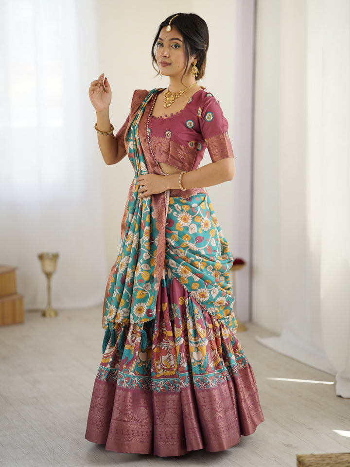 Wine & Turquoise Kalamkari Tussar Silk Lehenga with Floral Motifs, Zari Border & Tassel Dupatta – Wedding & Festive Wear