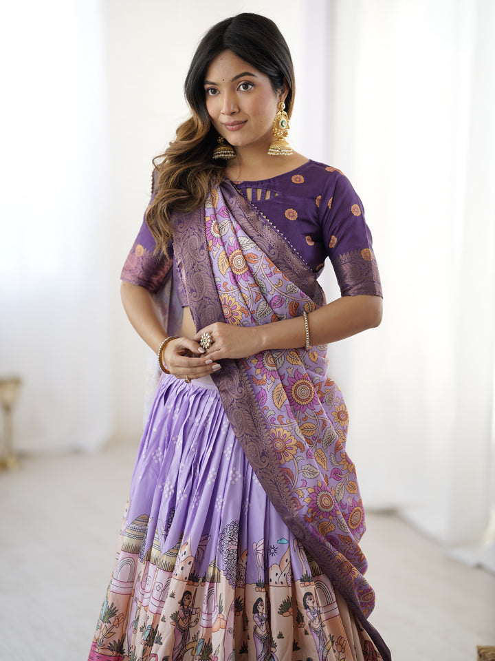 Elegant Kalamkari Lehenga in Lavender and Purple with Mythical Print and Floral Dupatta