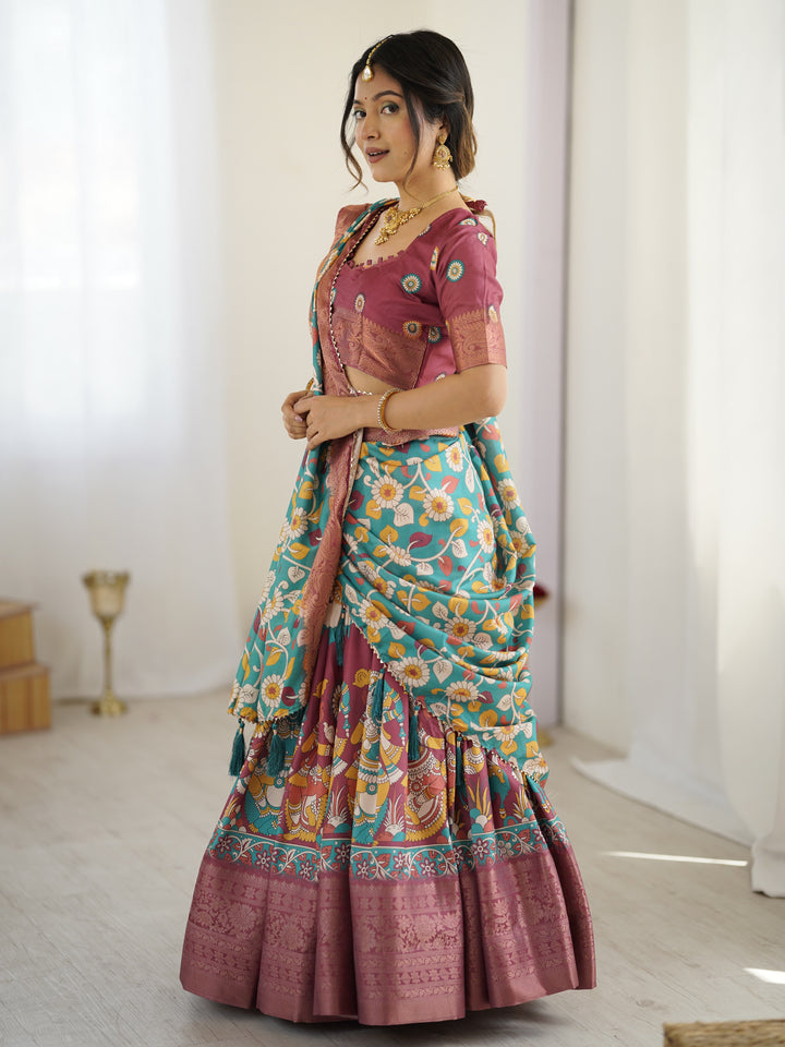 Wine & Turquoise Kalamkari Tussar Silk Lehenga with Floral Motifs, Zari Border & Tassel Dupatta – Wedding & Festive Wear