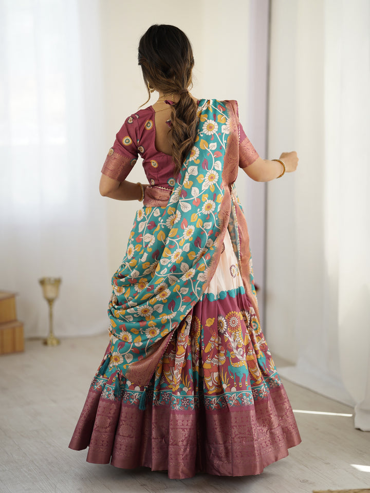 Wine & Turquoise Kalamkari Tussar Silk Lehenga with Floral Motifs, Zari Border & Tassel Dupatta – Wedding & Festive Wear