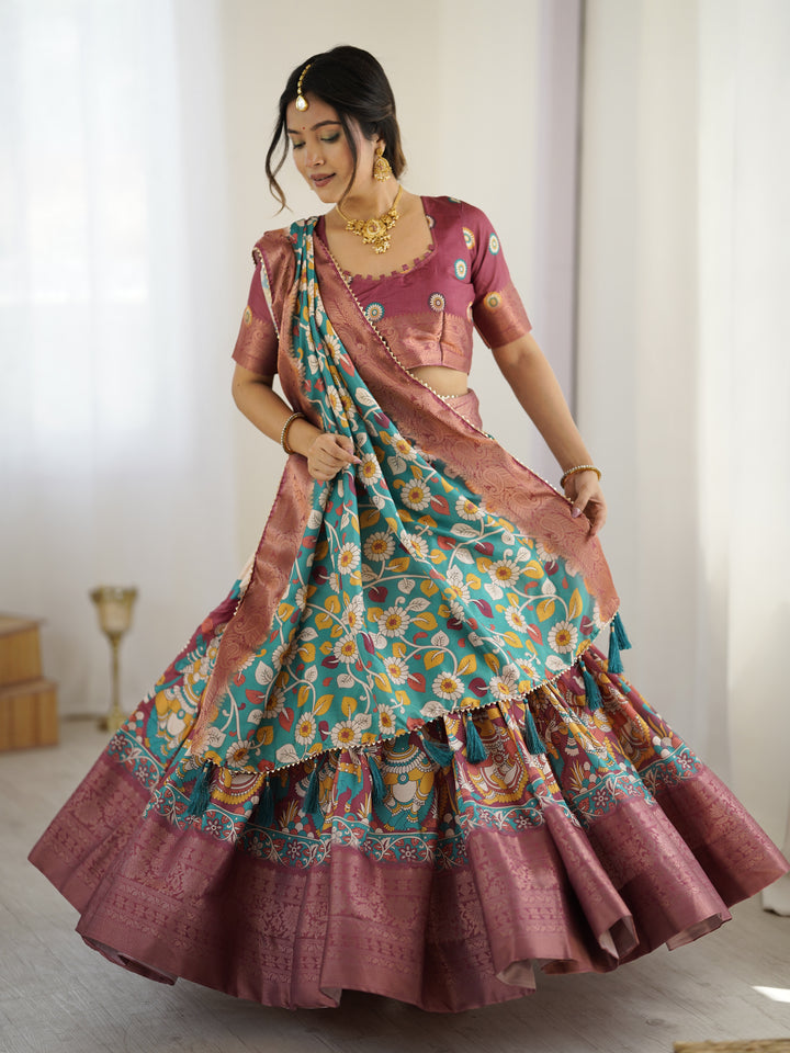 Wine & Turquoise Kalamkari Tussar Silk Lehenga with Floral Motifs, Zari Border & Tassel Dupatta – Wedding & Festive Wear