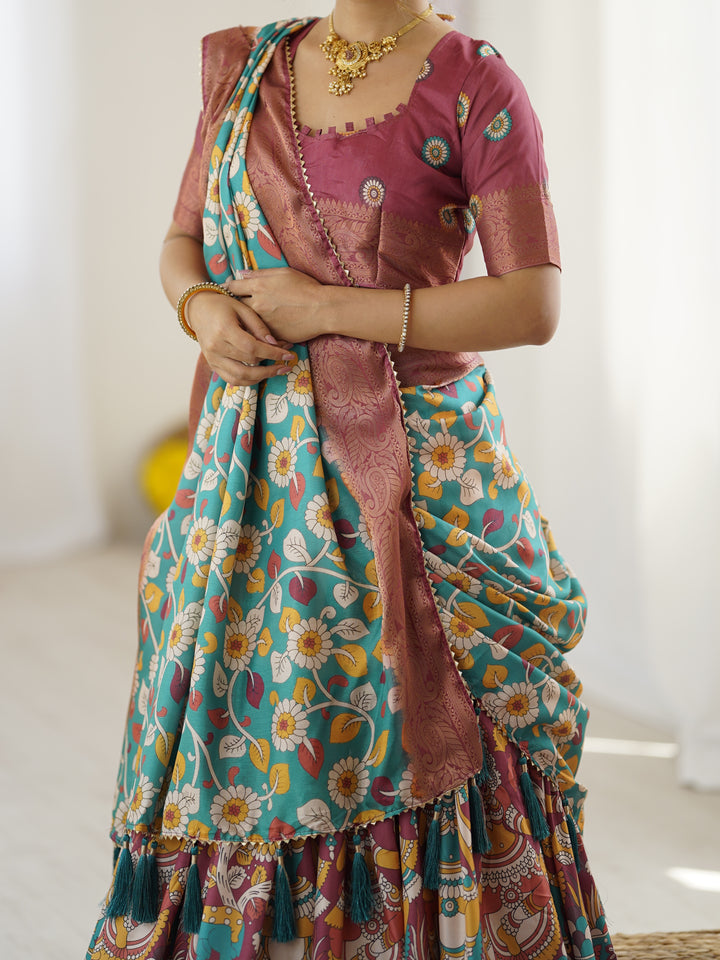 Wine & Turquoise Kalamkari Tussar Silk Lehenga with Floral Motifs, Zari Border & Tassel Dupatta – Wedding & Festive Wear