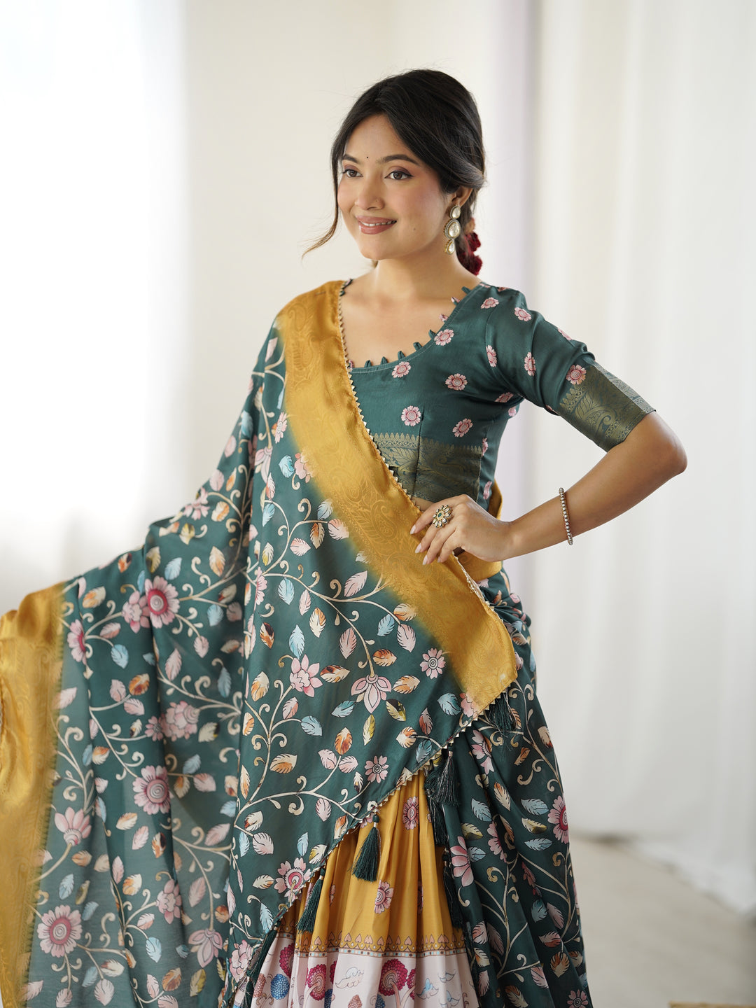 Bottle Green Kalamkari Flared Lehenga with Mustard Dupatta