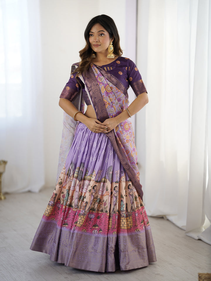 Elegant Kalamkari Lehenga in Lavender and Purple with Mythical Print and Floral Dupatta