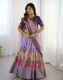 Elegant Kalamkari Lehenga in Lavender and Purple with Mythical Print and Floral Dupatta