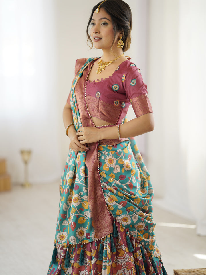 Wine & Turquoise Kalamkari Tussar Silk Lehenga with Floral Motifs, Zari Border & Tassel Dupatta – Wedding & Festive Wear