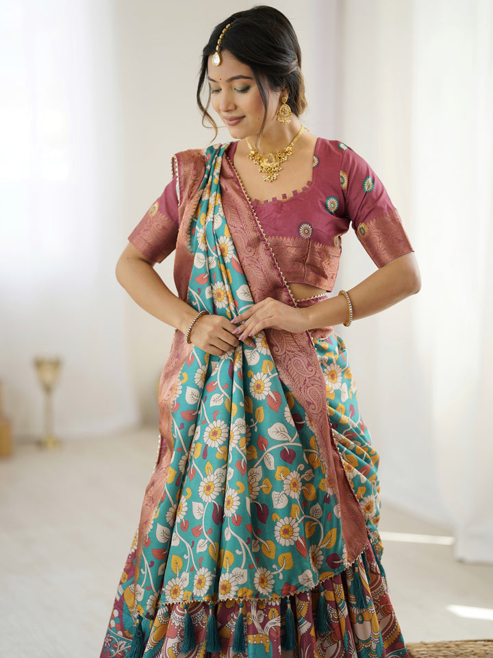 Wine & Turquoise Kalamkari Tussar Silk Lehenga with Floral Motifs, Zari Border & Tassel Dupatta – Wedding & Festive Wear