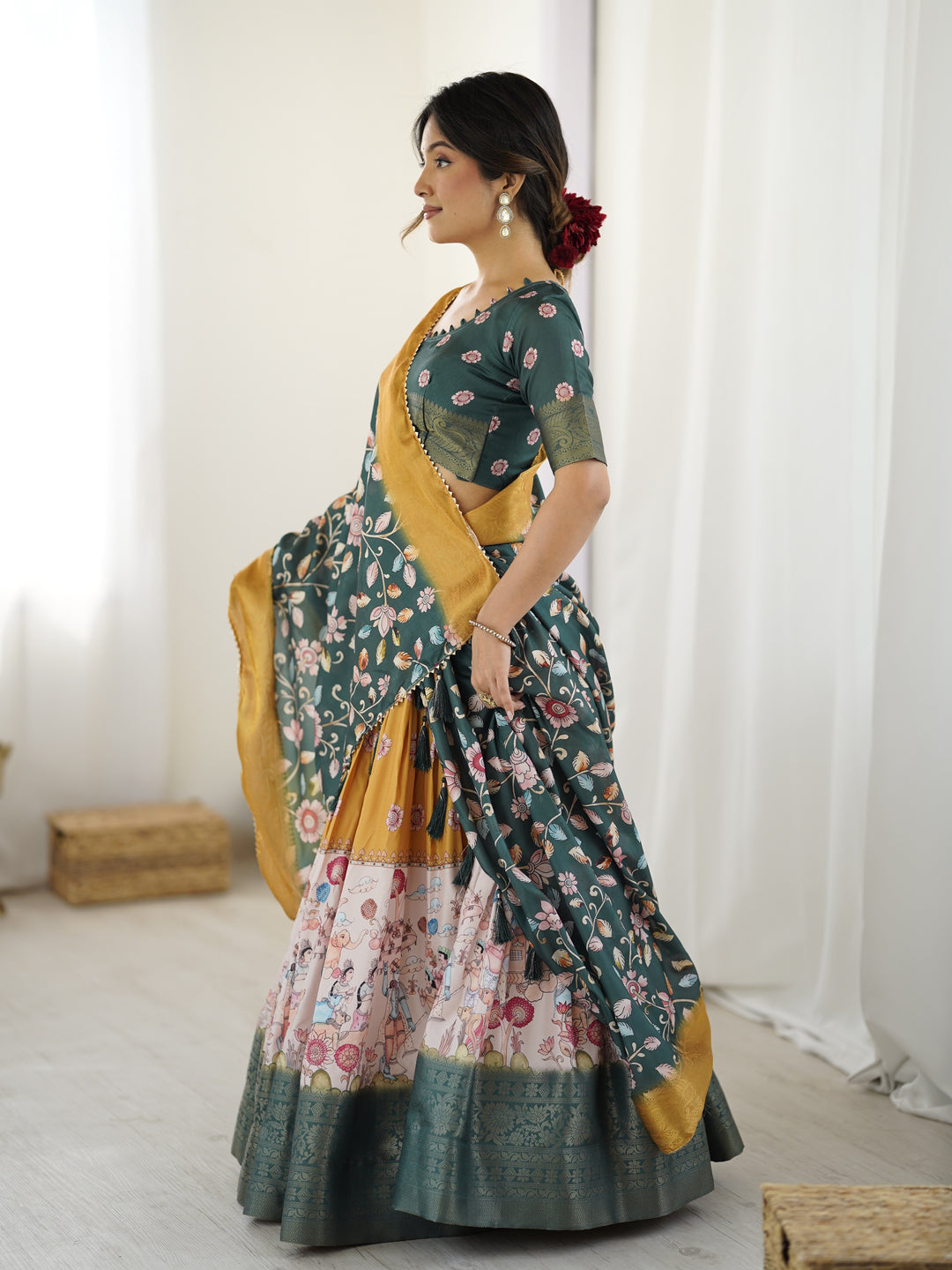 Bottle Green Kalamkari Flared Lehenga with Mustard Dupatta