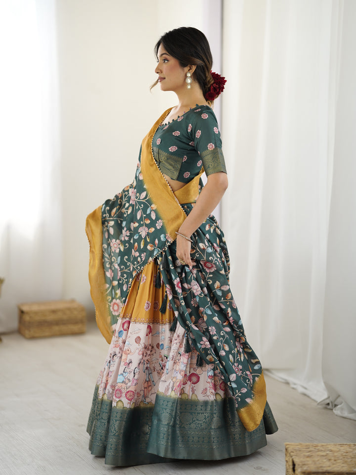 Bottle Green Kalamkari Flared Lehenga with Mustard Dupatta