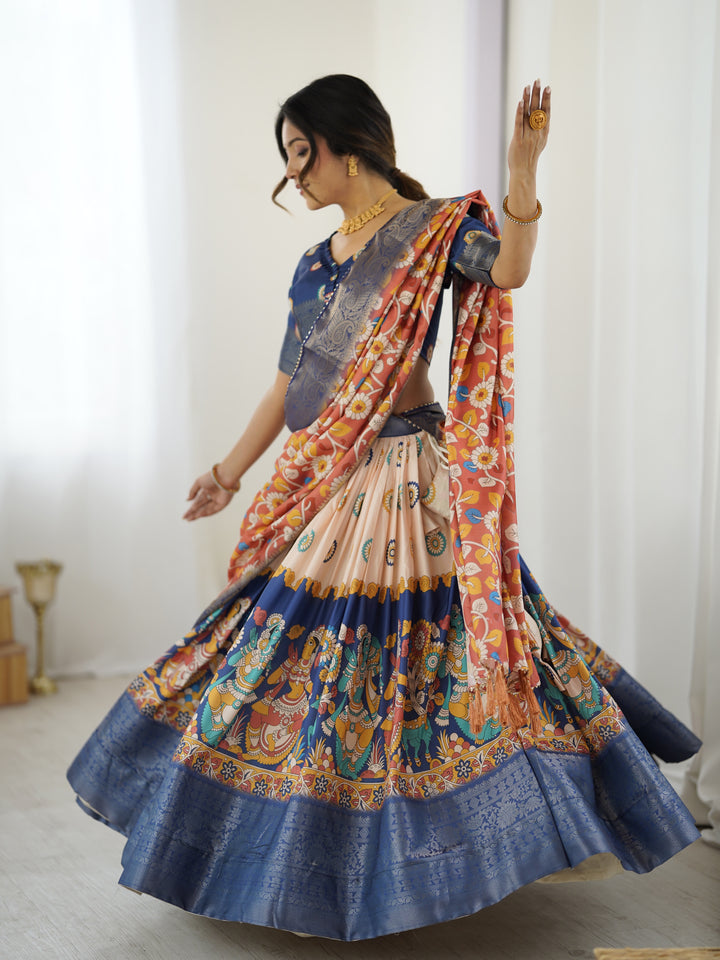 Royal Blue & Peach Kalamkari Tussar Silk Lehenga with Zari Border & Floral Tassel Dupatta – Traditional Festive Wear
