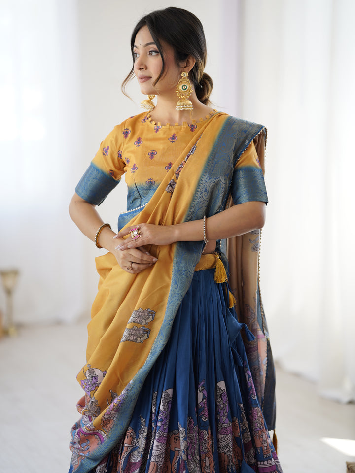 Elegant Kalamkari Lehenga in Mustard and Royal Blue with Flared Skirt and Dupatta