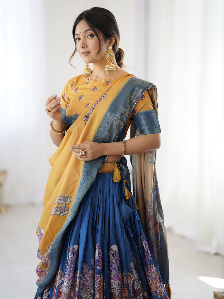 Elegant Kalamkari Lehenga in Mustard and Royal Blue with Flared Skirt and Dupatta