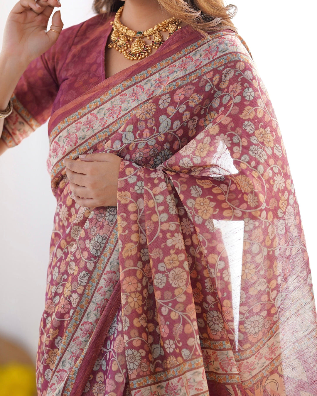 Maroon Pure Linen Cotton Handloom Saree with Elephant & Floral Folk Art