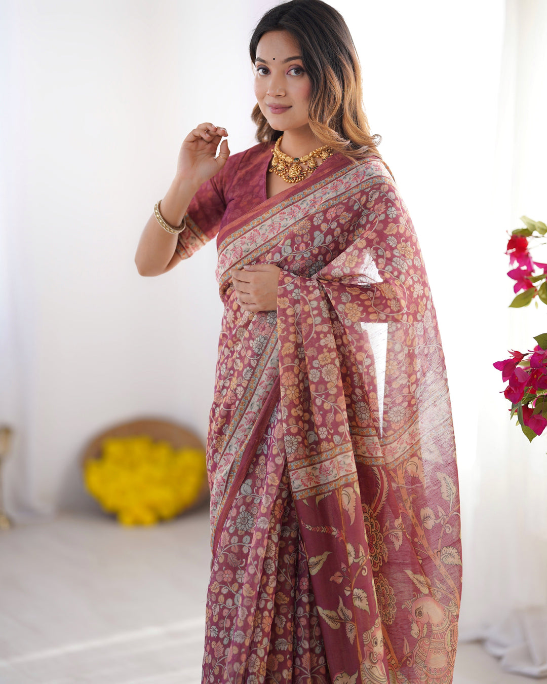 Maroon Pure Linen Cotton Handloom Saree with Elephant & Floral Folk Art