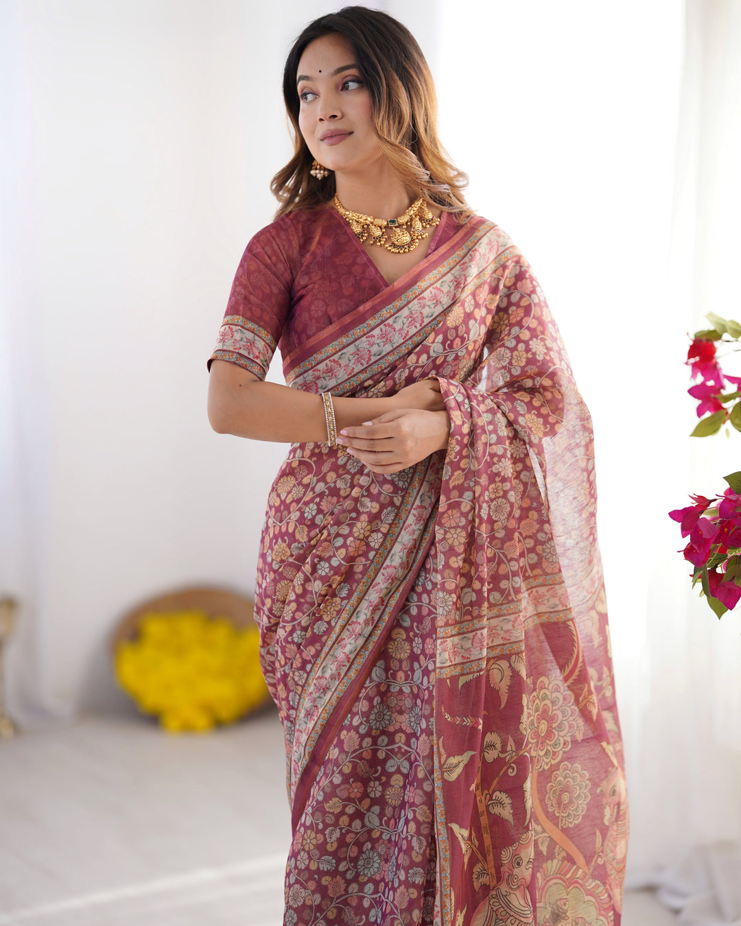 Maroon Pure Linen Cotton Handloom Saree with Elephant & Floral Folk Art