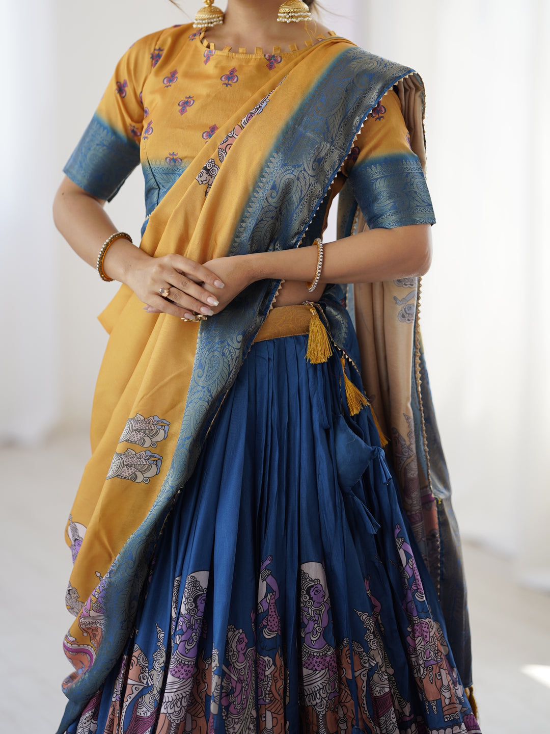 Elegant Kalamkari Lehenga in Mustard and Royal Blue with Flared Skirt and Dupatta