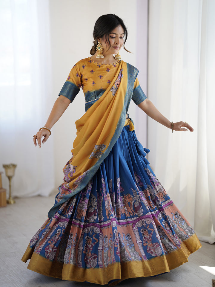 Elegant Kalamkari Lehenga in Mustard and Royal Blue with Flared Skirt and Dupatta