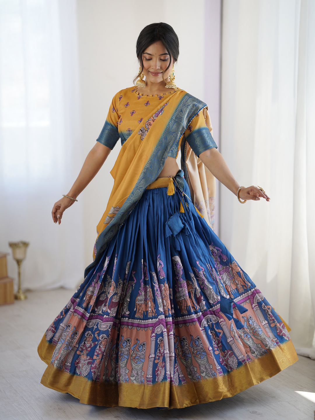 Elegant Kalamkari Lehenga in Mustard and Royal Blue with Flared Skirt and Dupatta
