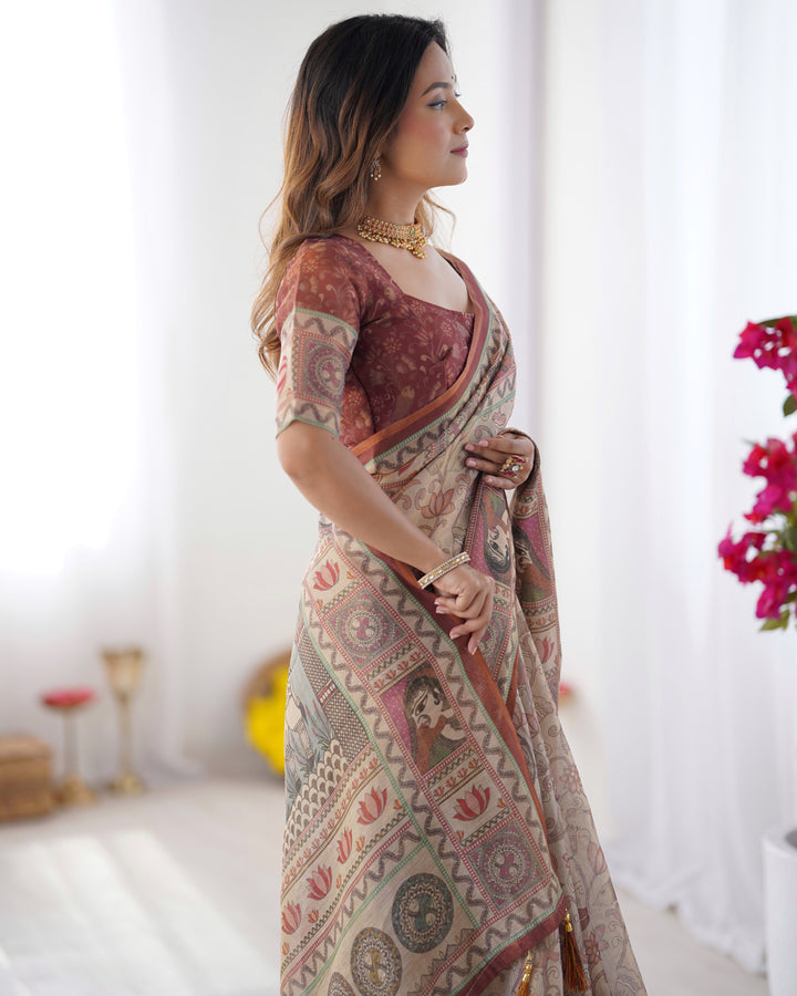 Beige & Maroon Handloom Cotton Saree with Royal Faces & Elephant Pallu Motif