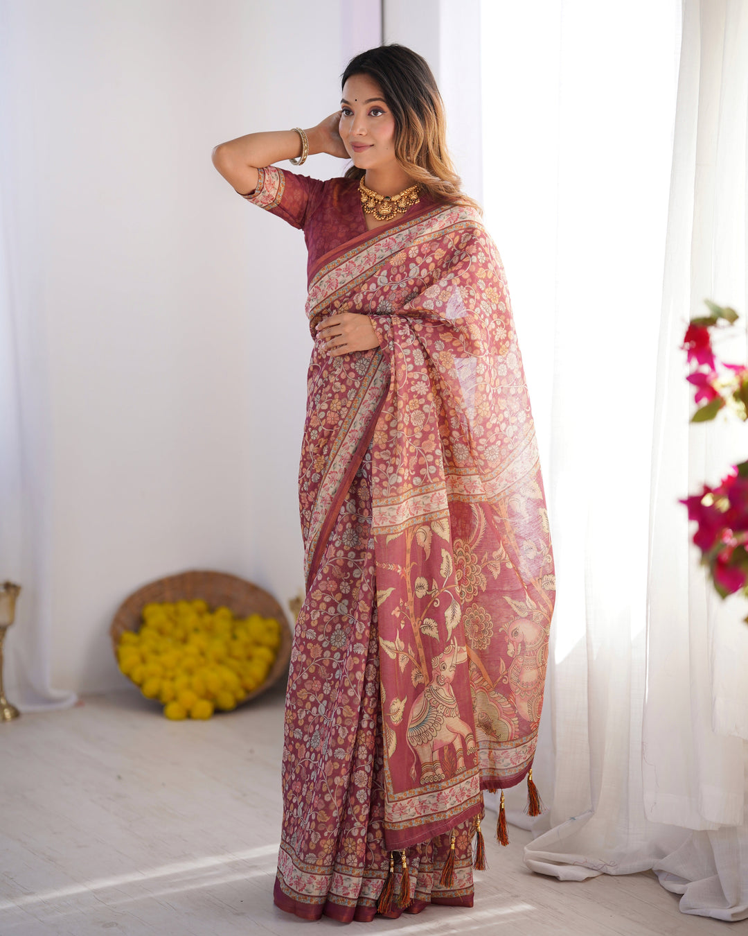 Maroon Pure Linen Cotton Handloom Saree with Elephant & Floral Folk Art