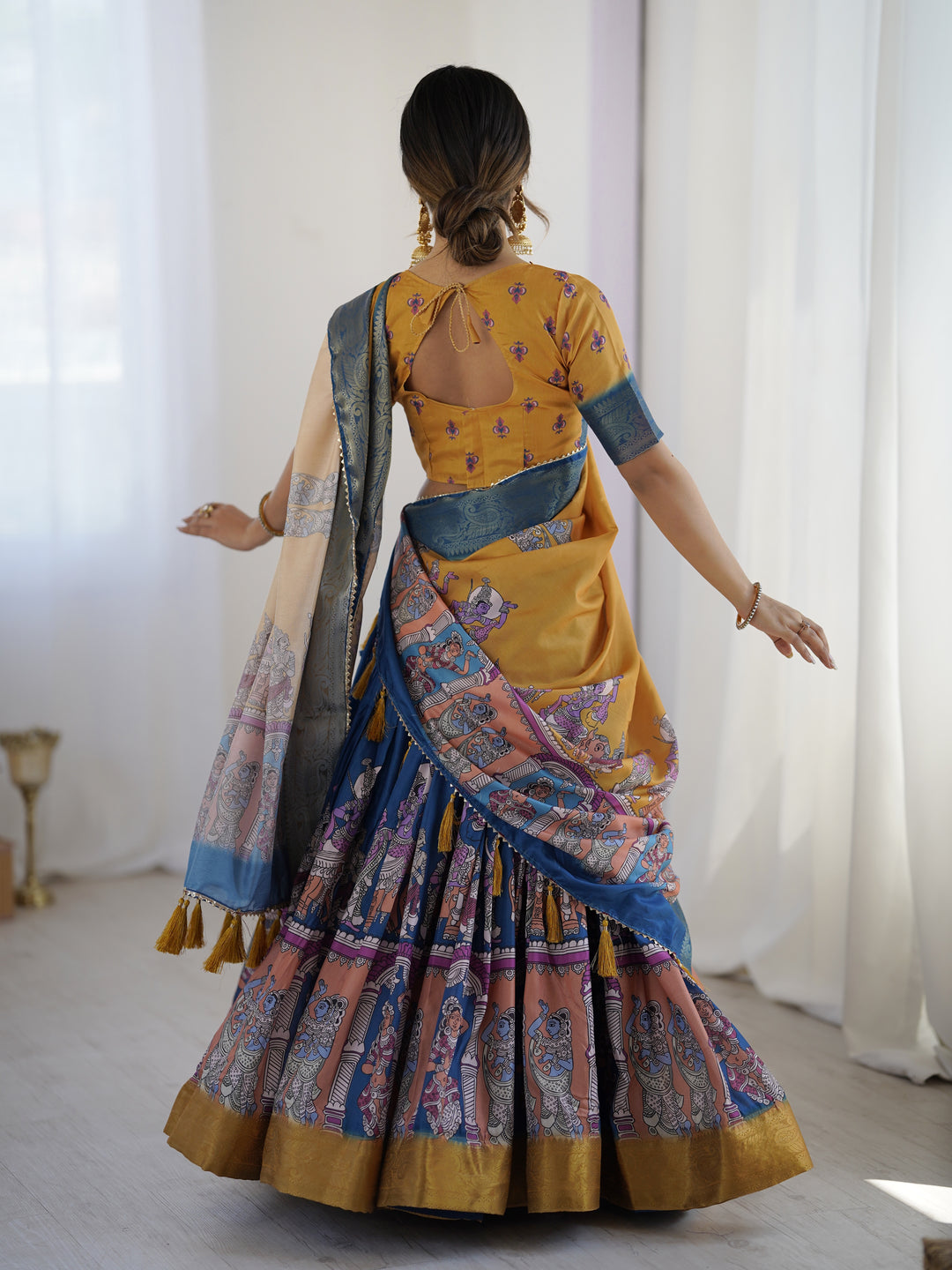 Elegant Kalamkari Lehenga in Mustard and Royal Blue with Flared Skirt and Dupatta