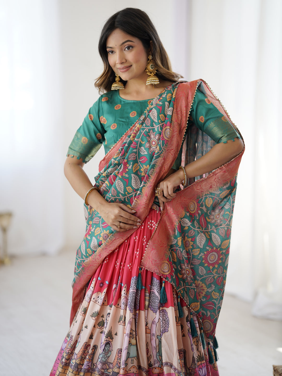 Elegant Kalamkari Lehenga in Rani Pink and Teal Green with Mythological Print and Floral Dupatta