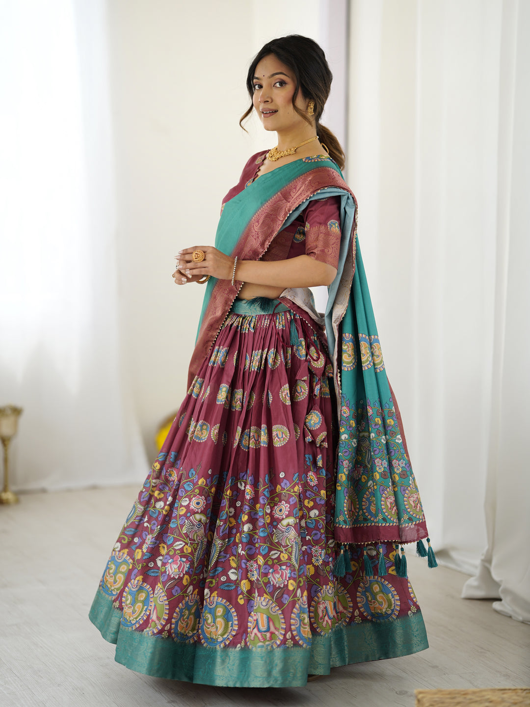 Wine & Teal Kalamkari Tussar Silk Lehenga with Zari Border & Tassel Dupatta – Festive & Wedding Wear