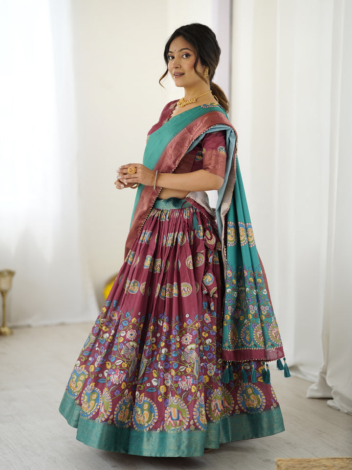 Wine & Teal Kalamkari Tussar Silk Lehenga with Zari Border & Tassel Dupatta – Festive & Wedding Wear