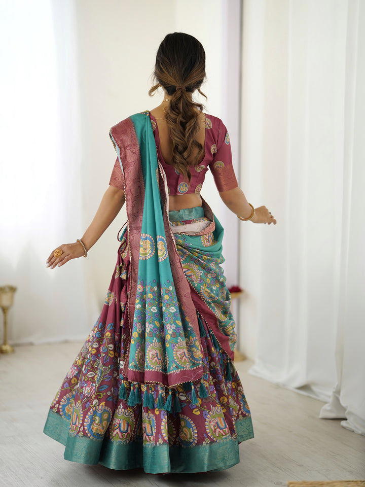 Wine & Teal Kalamkari Tussar Silk Lehenga with Zari Border & Tassel Dupatta – Festive & Wedding Wear